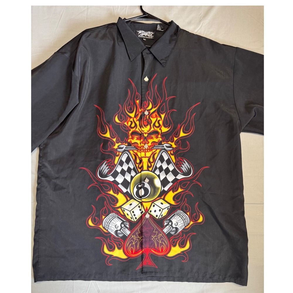 Dragonfly Clothing Company Flaming Skull 8-Ball Dice Spade 3XL Black Vintage